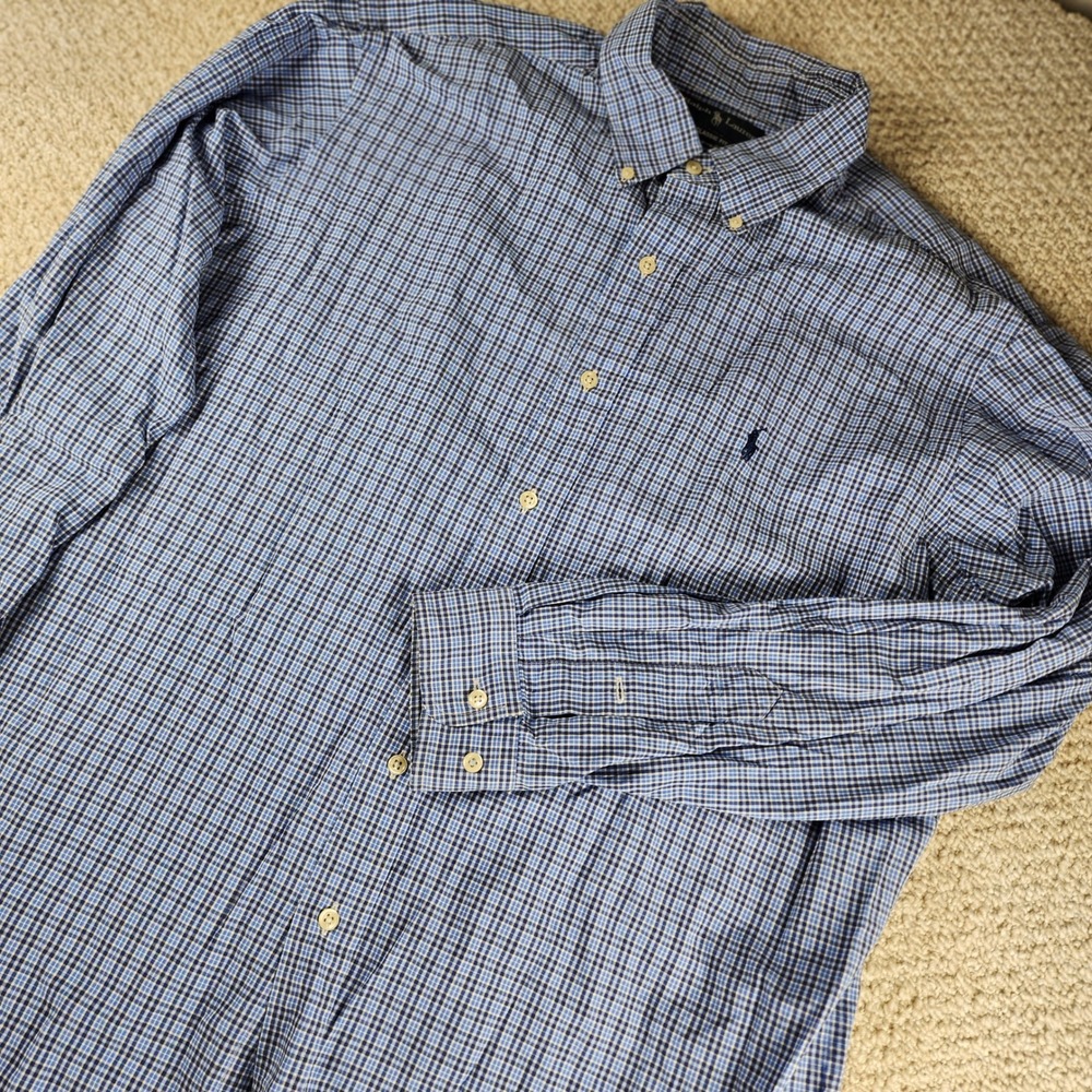 Ralph Lauren Button Down Shirt XL Classic Fit Micro Check Blue Long Sleeve